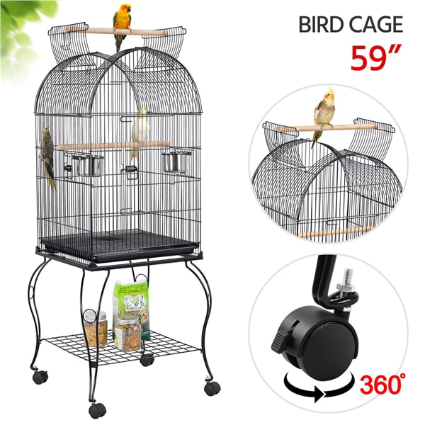 SMILE MART Metal Rolling Bird Cage with 2 Feeders and 2 Wooden Perches， Black