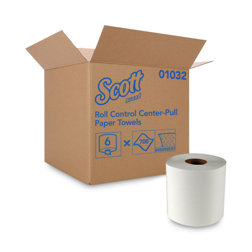 Scott Essential Roll Control Center-Pull Towels， 1-Ply， 8 x 12， White， 700/Roll， 6 Rolls/Carton (01032)