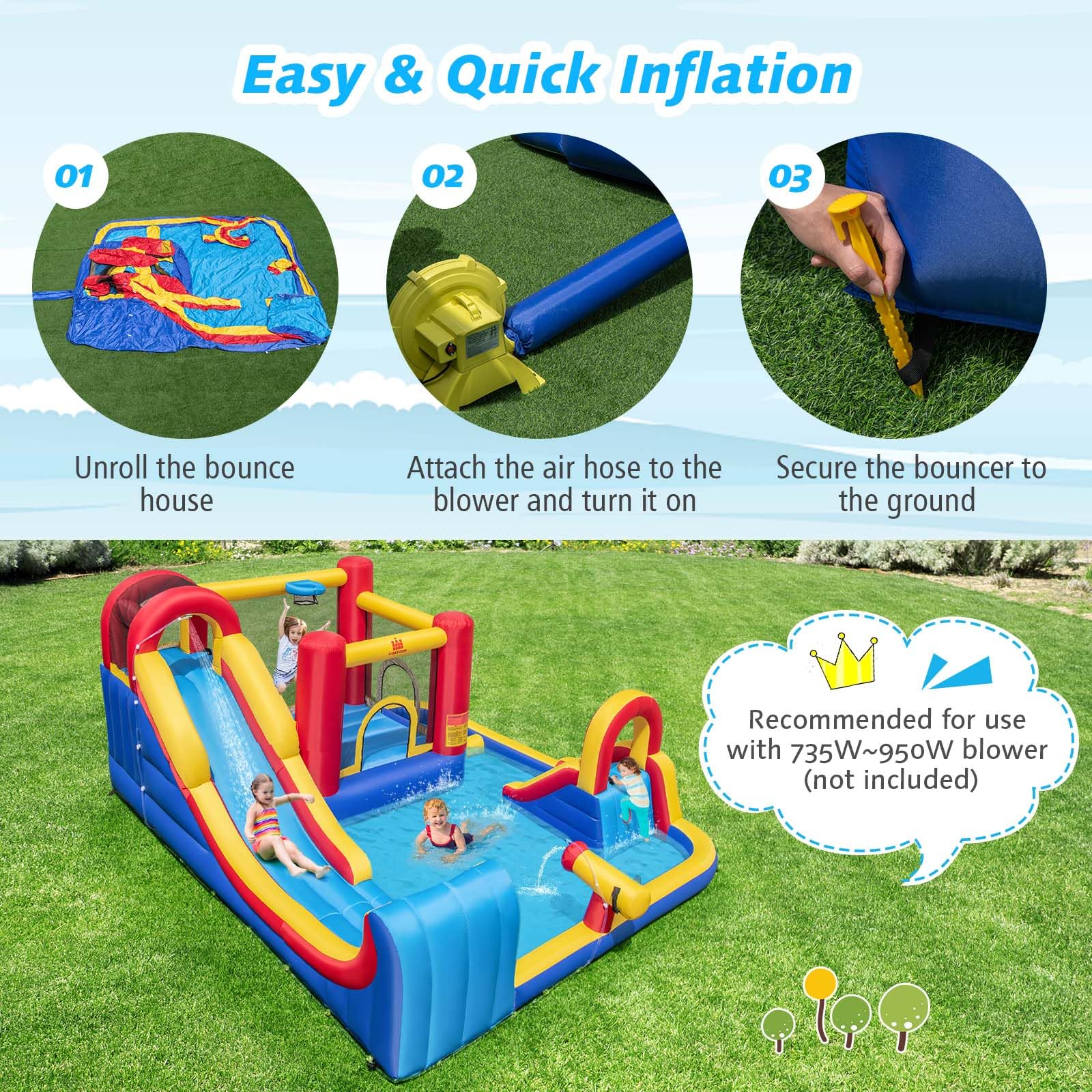 BOUNTECH Inflatable Water Slide, 7 in 1 Mega Waterslide Park Bounce House for Outdoor Fun w/Long Slide