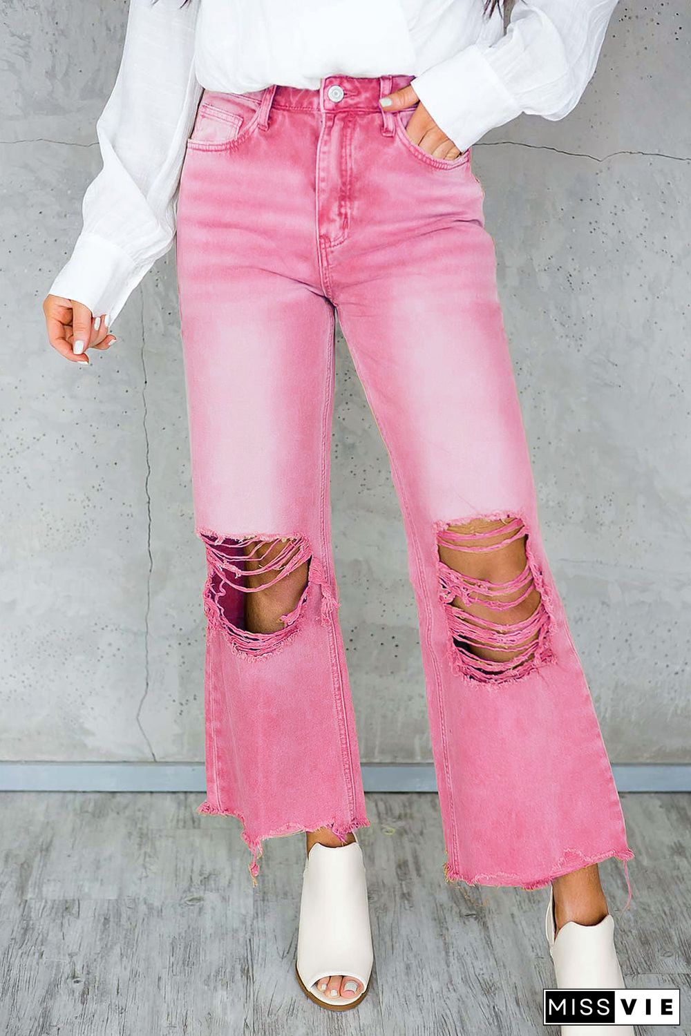 Distressed Hollow-out High Waist Cropped Flare Jeans