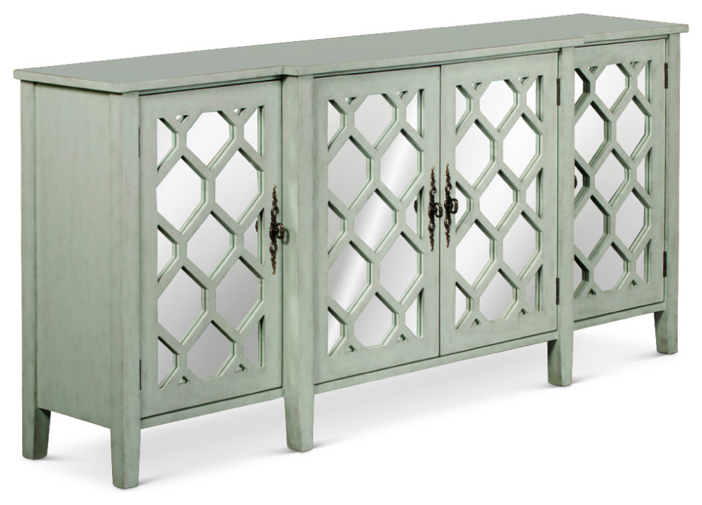 Zen Sage Sideboard with Lattice Fretwork Mirror Doors   Transitional   Console Tables   by China Furniture and Arts  Houzz