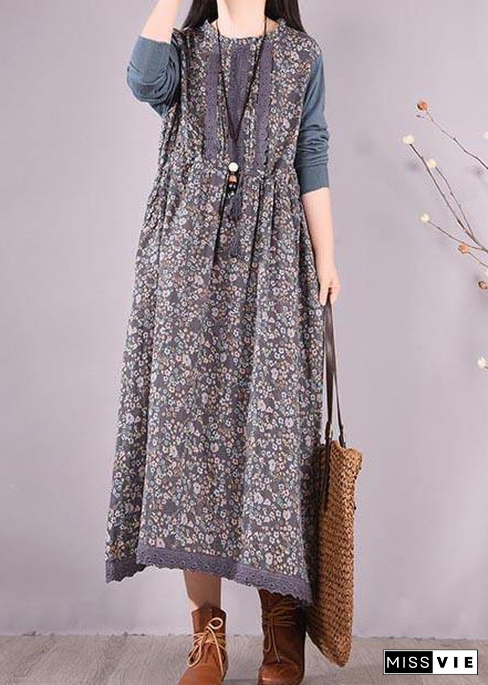 Beautiful Blue Patchwork Print Dresses O Neck Lace Robe Spring Dresses