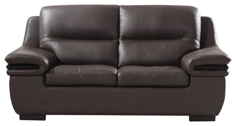 Contemporary Leather Loveseat With Wooden Trim Armrest And Block Feet Brown   Contemporary   Loveseats   by VirVentures  Houzz