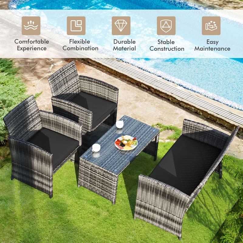 4 Pcs Rattan Wicker Patio Furniture Sets, Outdoor Conversation Sets with Loveseat, Table, Single Sofas