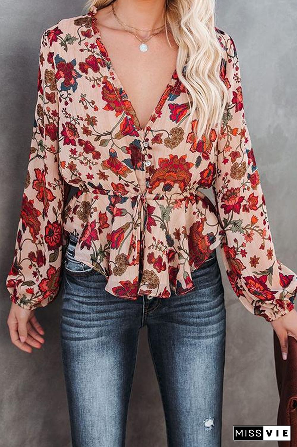 Flroal Print Button V Neck Blouse