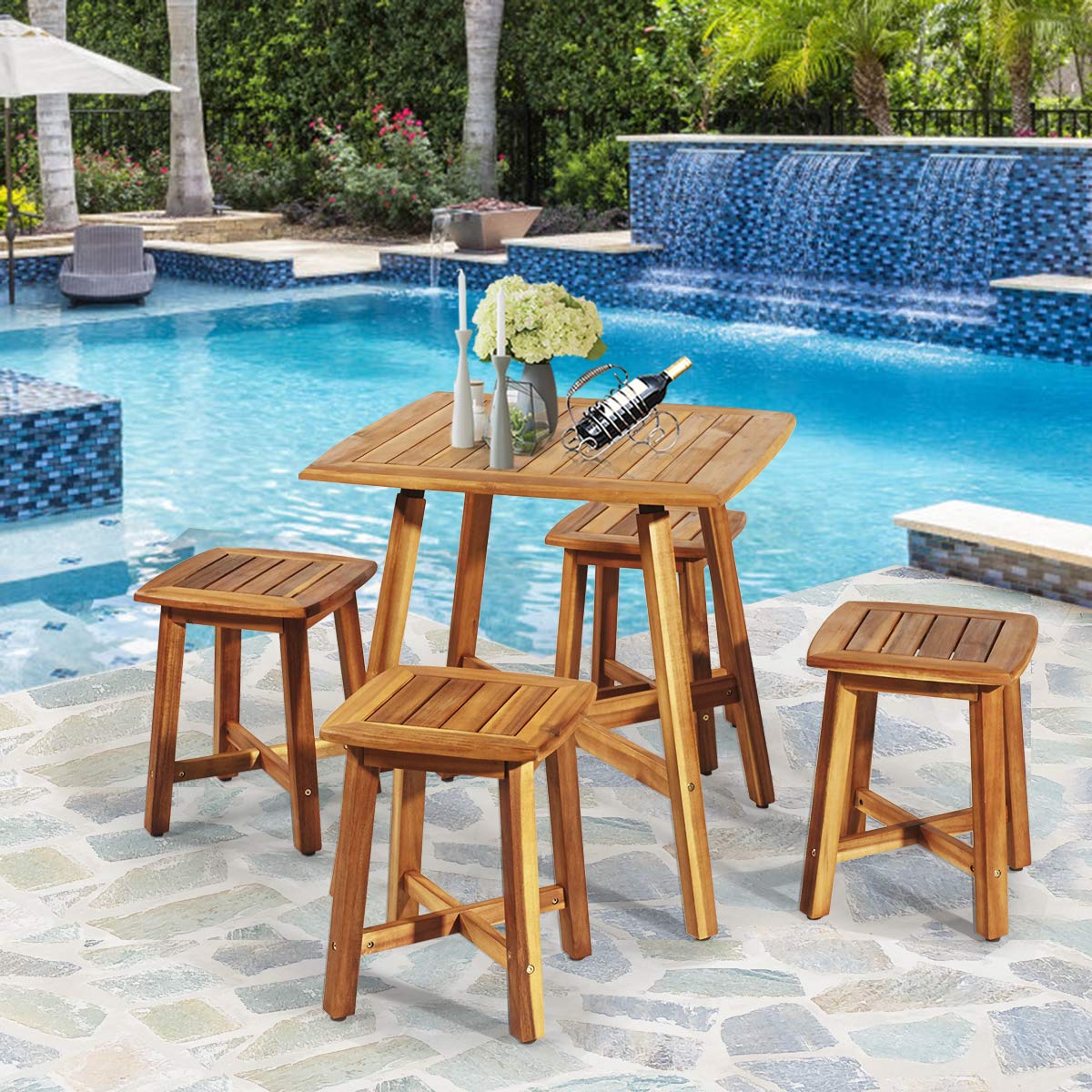 5 Pcs Acacia Wood Patio Dining Set with Square Table & 4 Stools, Outdoor Conversation Bistro Set