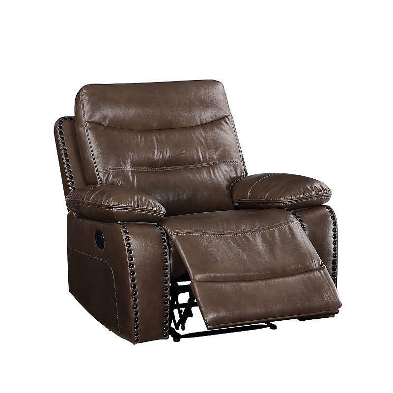 Recliner with Leatherette Upholstery and Tufted Seat， Brown