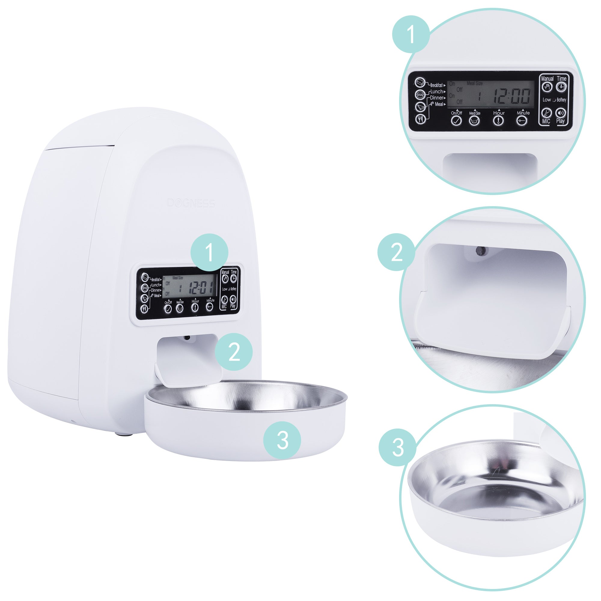 DOGNESS 2L Pet Feeder，Automatic Cat Feeder | Timed Programmable Auto Pet Dog Food Dispenser Feeder for Kitten Puppy - Easy Portion Control，Voice Recording，Battery and Plug-in Power (White)