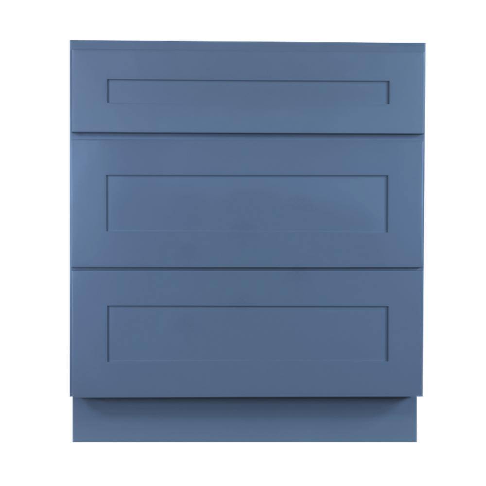 LIFEART CABINETRY Lancaster Blue Plywood Shaker Stock Assembled 3-Drawer Base Kitchen Cabinet 36 in. W x 34.5 in. D H x 24 in. D ALB-DB36-3