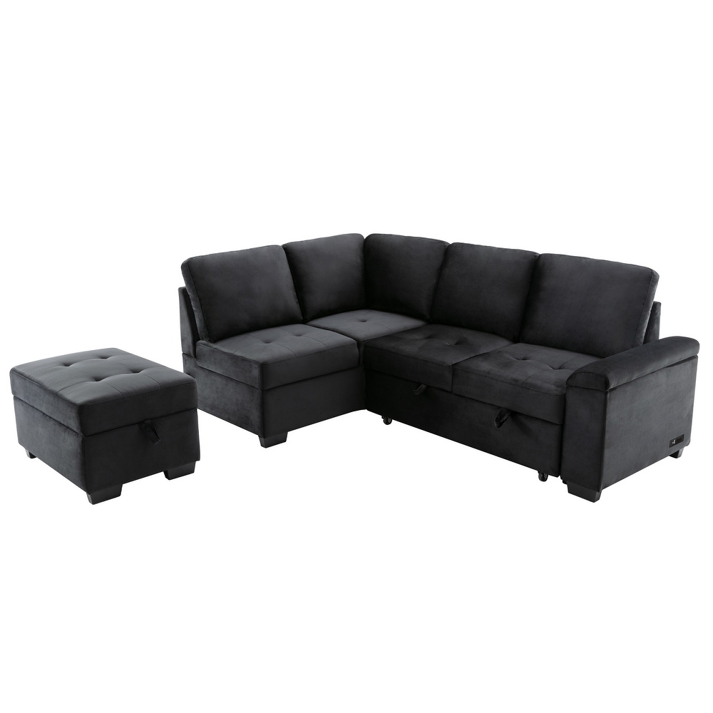 L Shaped Corner Sleeper Sectional Sofa w/ Pull Out Sleep Couch Bed  Convertible Tufted Upholsterd Couch w/ Storage Ottoman   USB