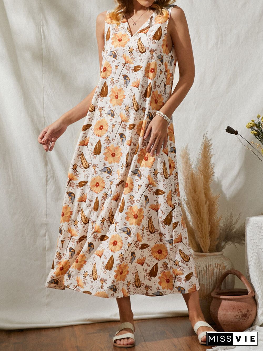 Flower Leaves Print V-neck Sleeveless Women Loose Maxi Dress