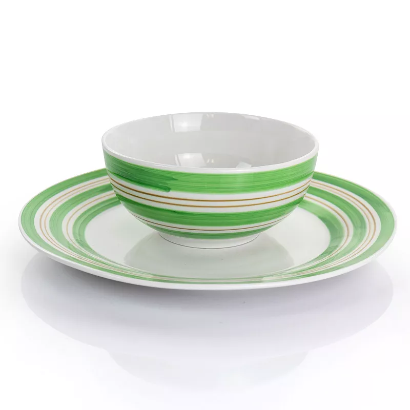 Gibson Home Sunset Stripes 12 Piece Round Fine Ceramic Dinnerware Set in Green