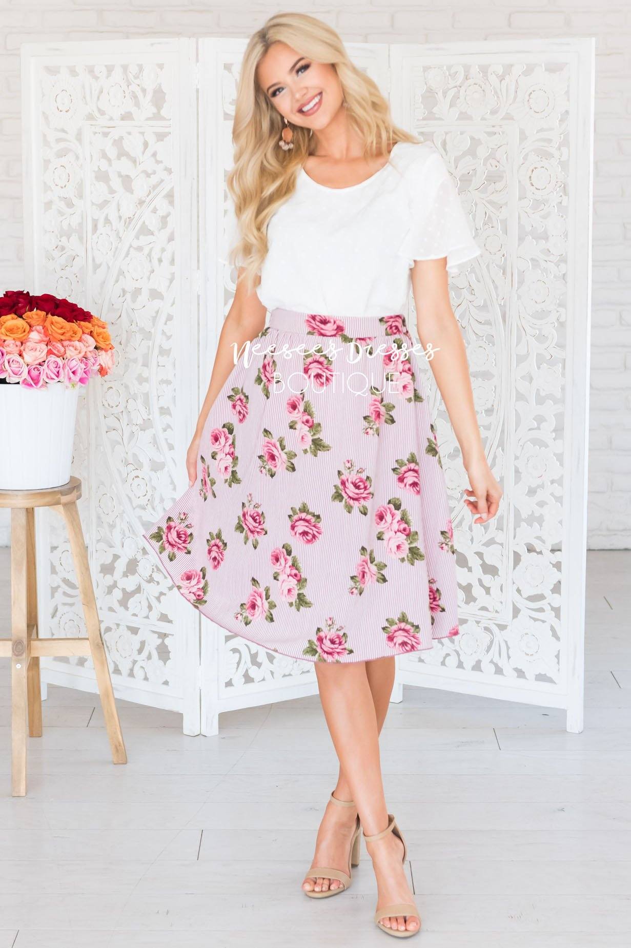 Pretty Pink Striped Floral Skirt