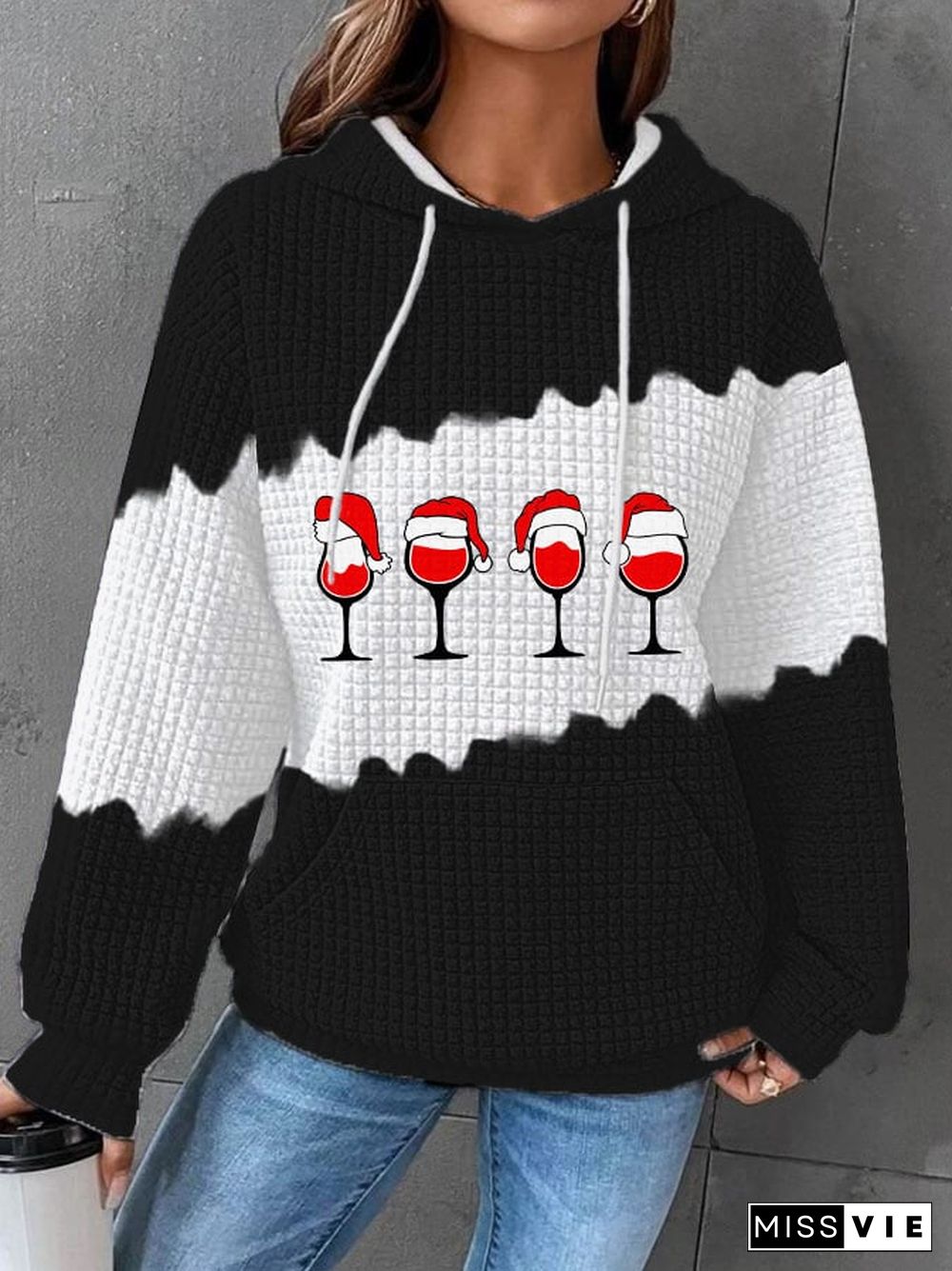 Women's Christmas Wine Glass Print Waffle Hoodie