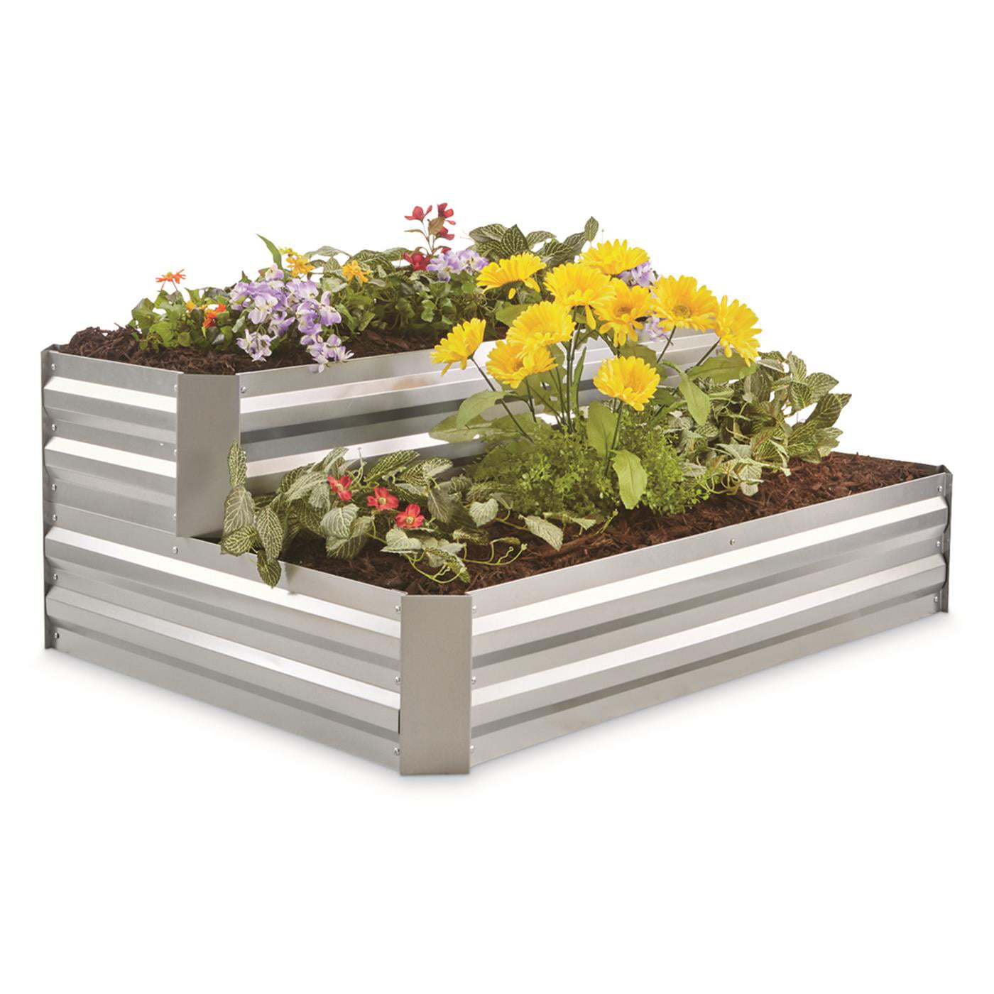 CASTLECREEK Galvanized Stair Planter Box Elevated Raised Garden Bed 2-Tier Outdoor Flowers, Herbs, Vegetable Planting Boxes Gardening Container, 47.25"l. x 35.5"w.