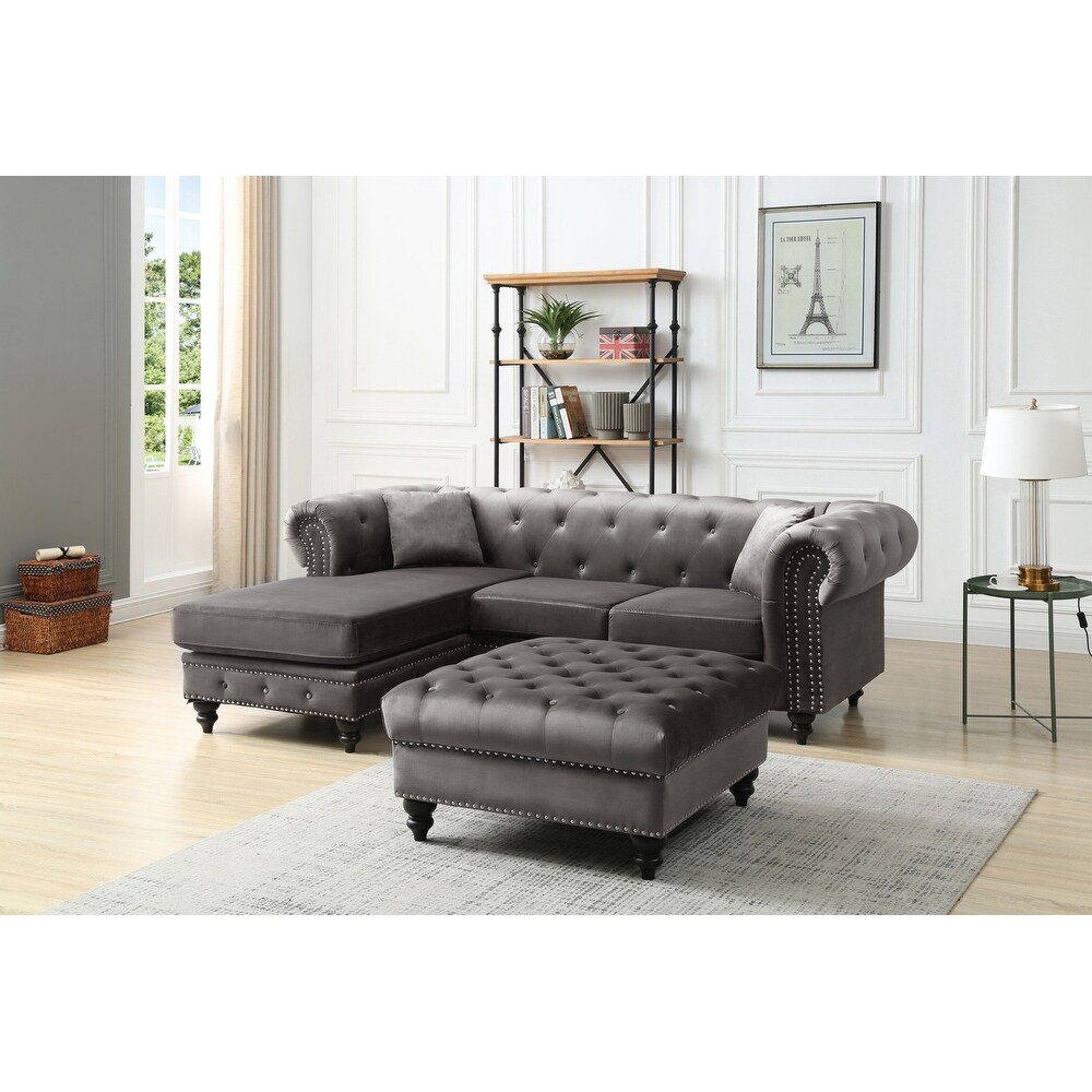 Nola 98 in. Velvet L Shape 3 Seater Sofa with 2 Throw Pillow   98\