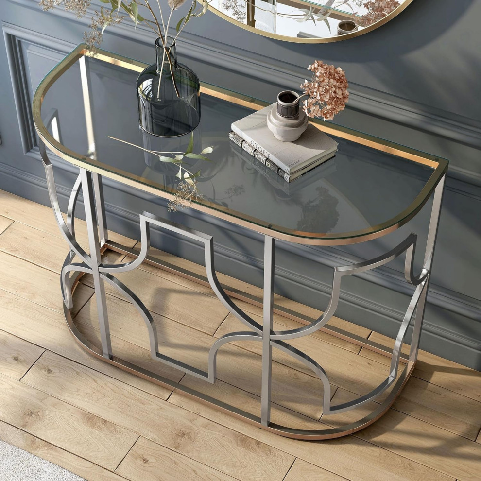 Contemporary Console Table  Golden Metal Frame With Geometric Silver Accents   Contemporary   Console Tables   by Decor Love  Houzz