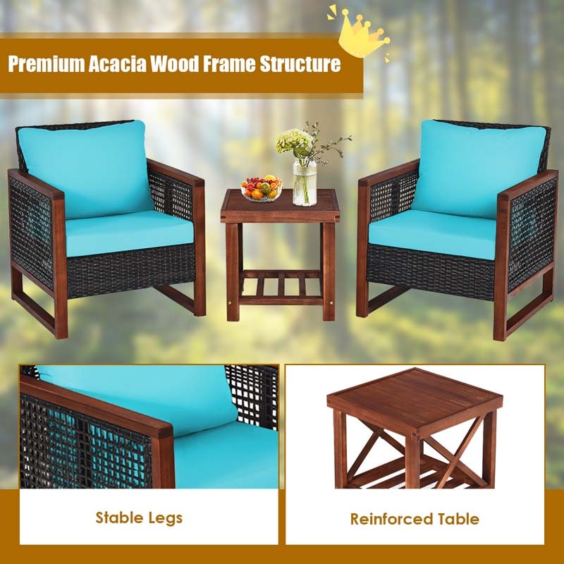 3 Pcs Rattan Patio Furniture Sofa Set Outdoor Conversation Bistro Set with Acacia Wooden Frame & Cushions