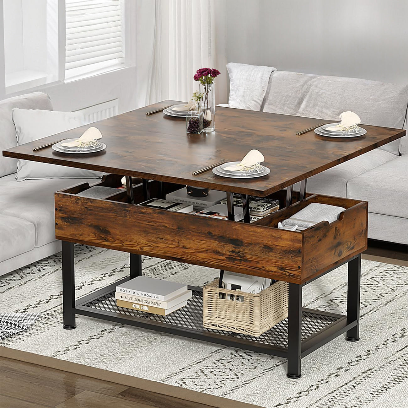 Coffee Table with Lifting Top Modern Lift Dining Table with 4 Storage Spaces