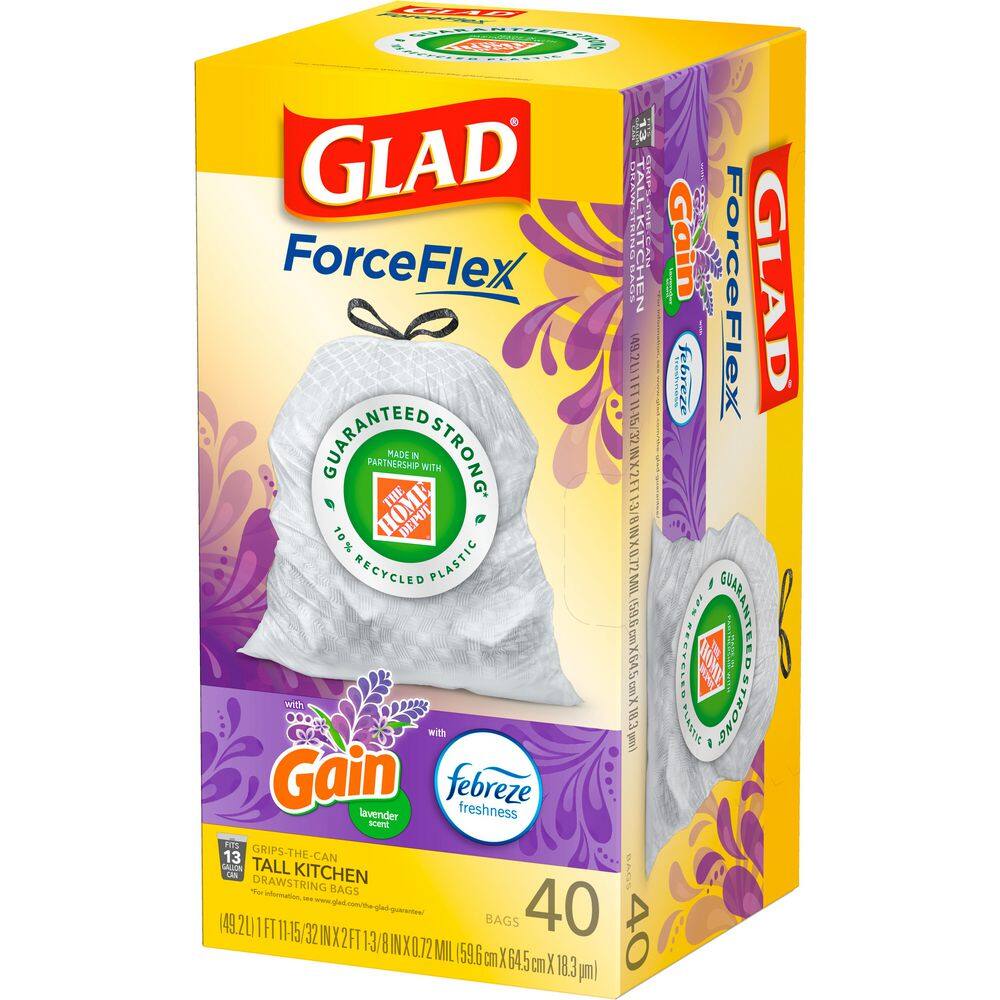 Glad Force Flex 13 Gal. Drawstring Lavender Scent Odor Shield Trash Bags (40-Count) 1258722440