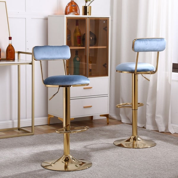 Velvet Bar Stools With Gold Metal Legs，Counter Height Dining Chairs with Back and Footrest，Set of 2