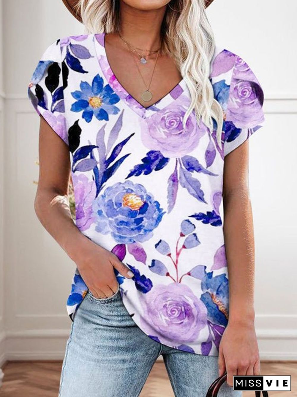 Women'S T-Shirts Floral Print V-Neck Short Sleeve T-Shirt