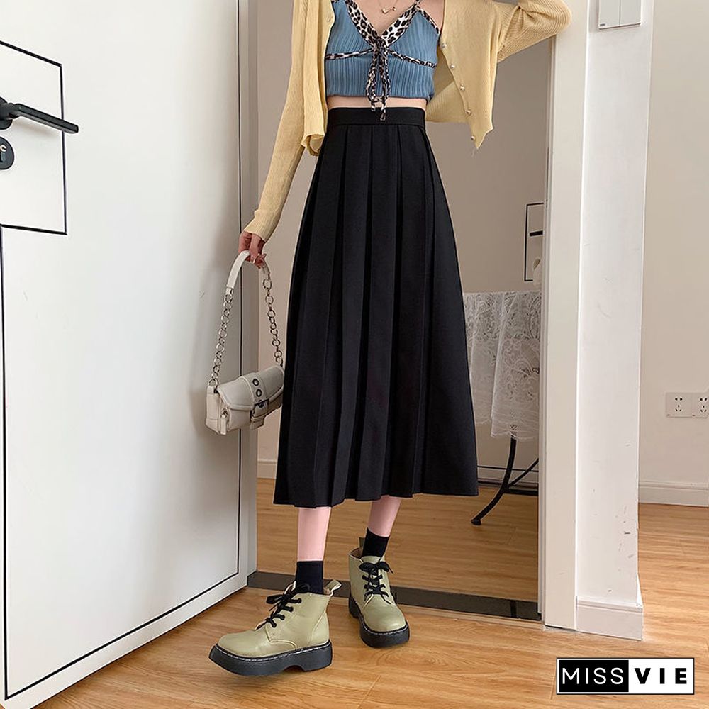 Vintage Pleated Midi Skirt Fashion High Waist Gothic Skirt Women Spring Casual Korean A-line Elastic Solid All-match Skirt New