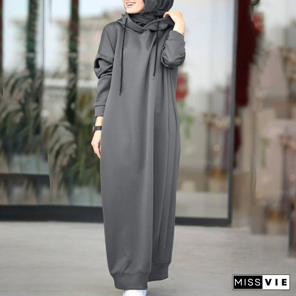 ZANZEA Women Autumn O Neck Solid Long Hooded Dress Baggy Bohemian Muslim Kaftan Abaya Maxi Dress Hoodies