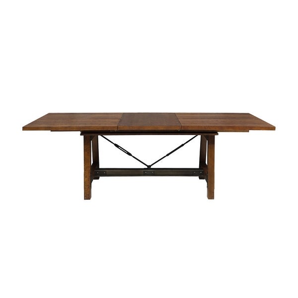 Wooden Dining Table with Extendable Leaf and Block Legs， Brown