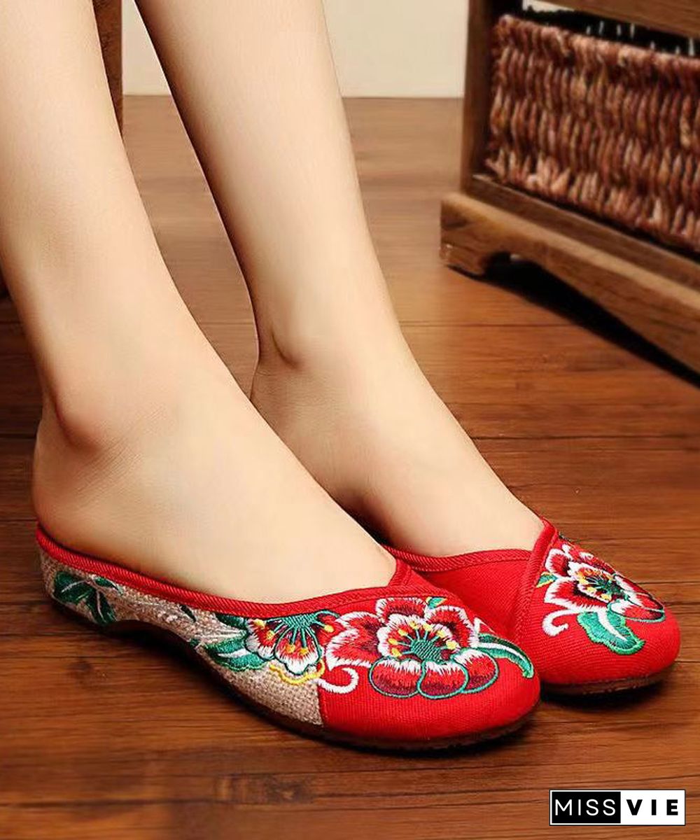 Green Cotton Fabric Retro Embroidery Splicing Slide Sandals