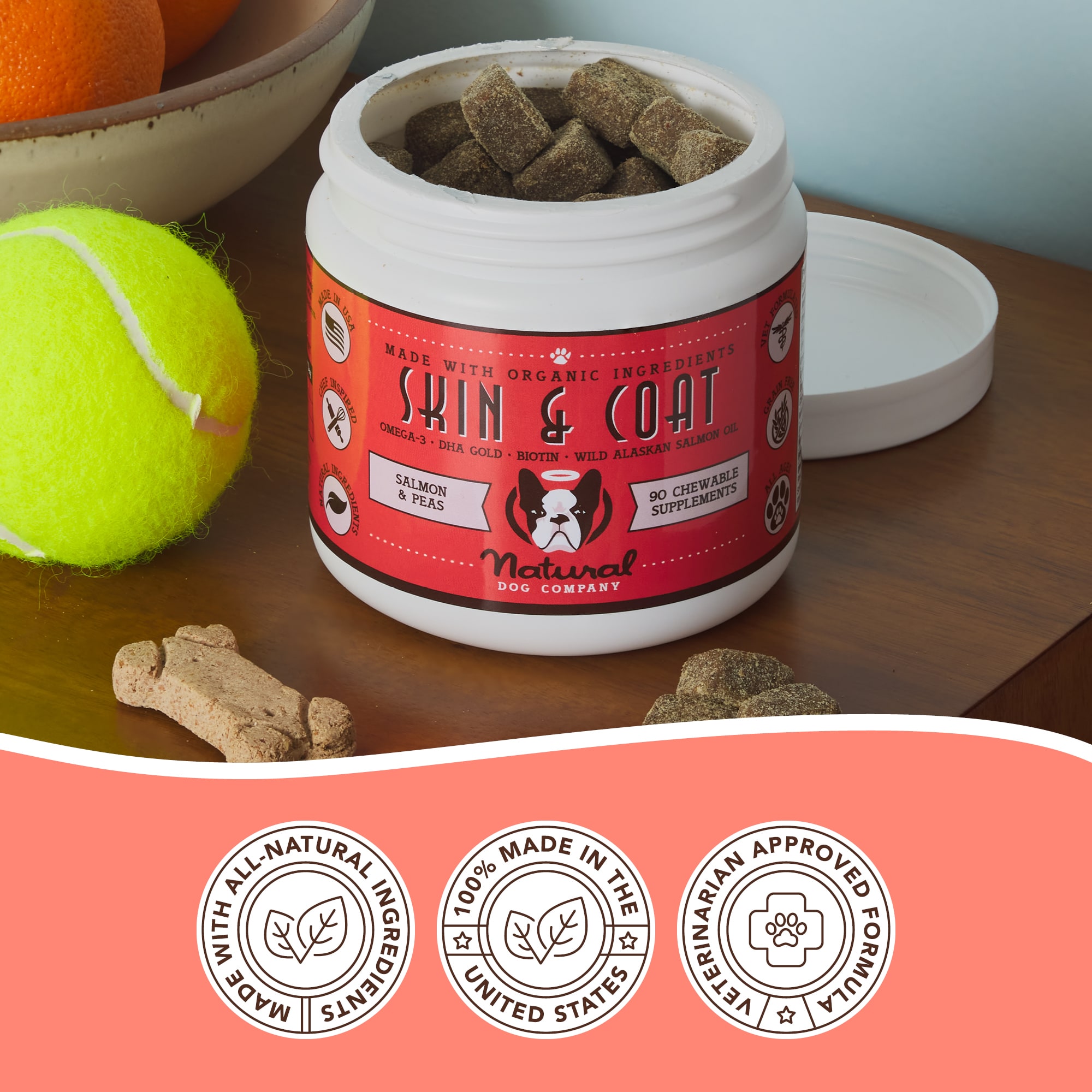 Natural Dog Company Skin and Coat Chews for Dogs， 10 oz.， Count of 90