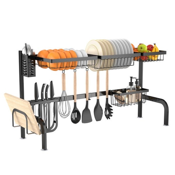 2 Tier Adjustable Over Sink Dish Drying Rack with 8 Hooks - 21-39