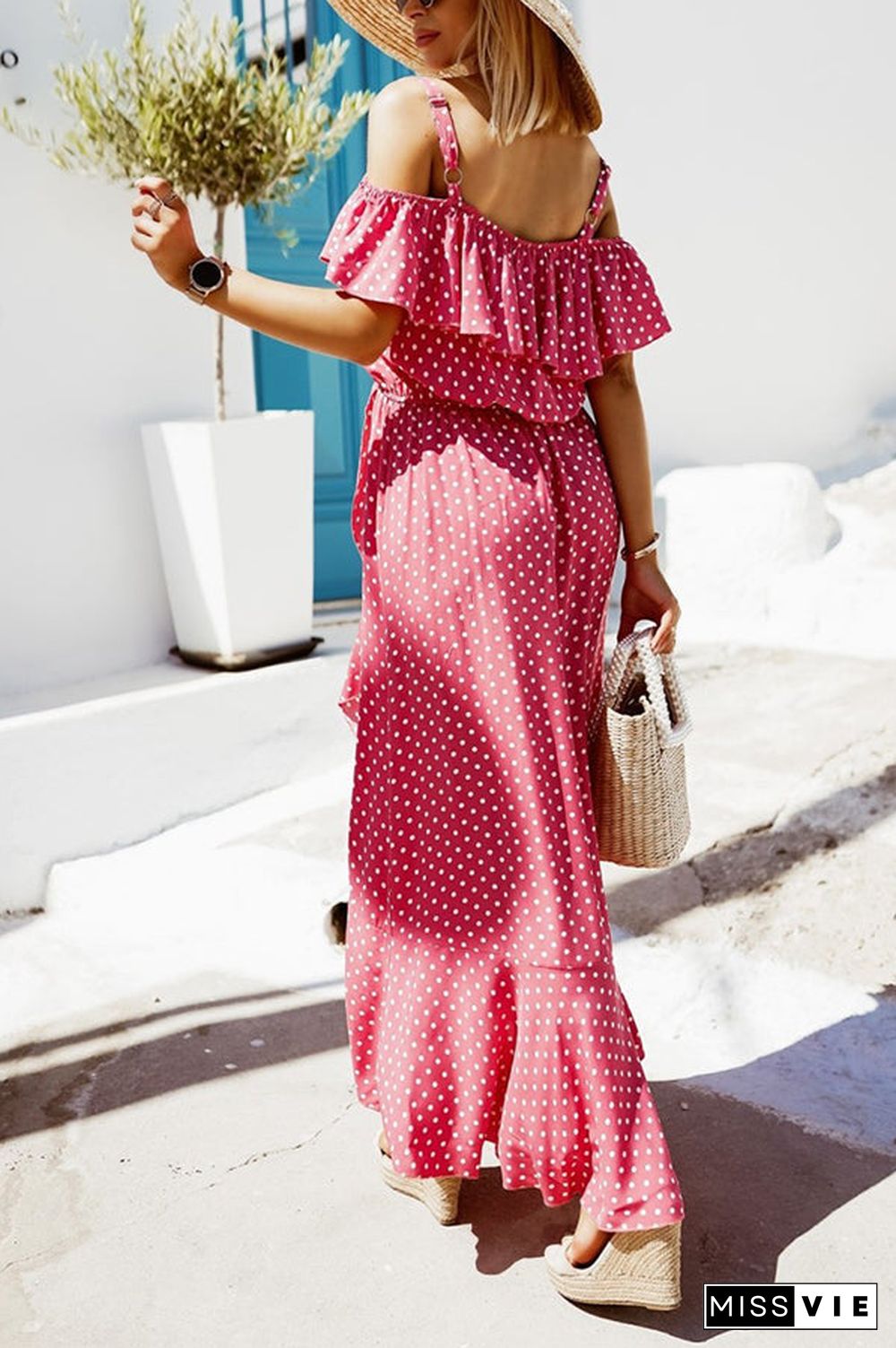 Dot Ruffles Off Shoulder Irregularity Maxi Dress