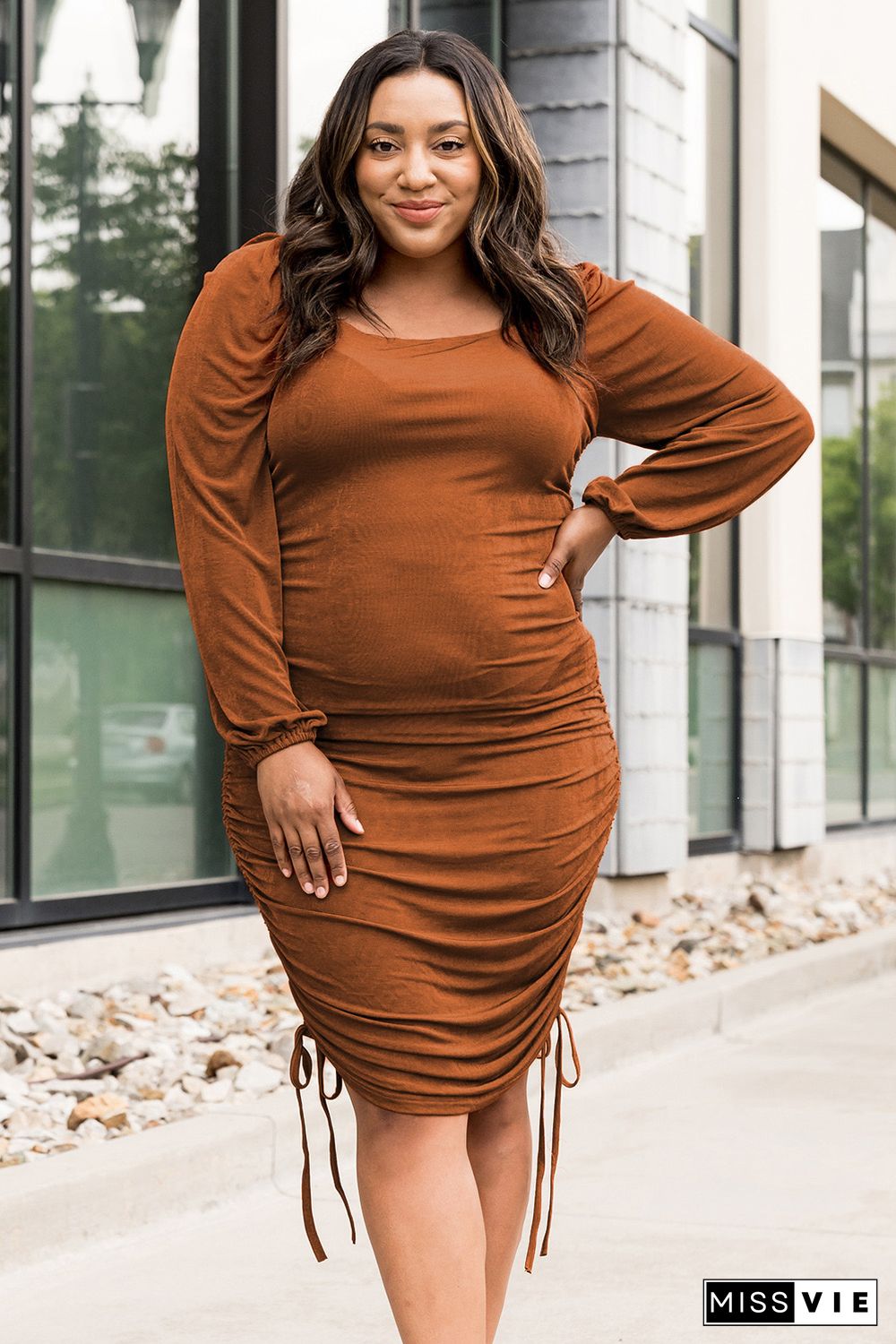 Plus Size Ruched Drawstring Bodycon Dress