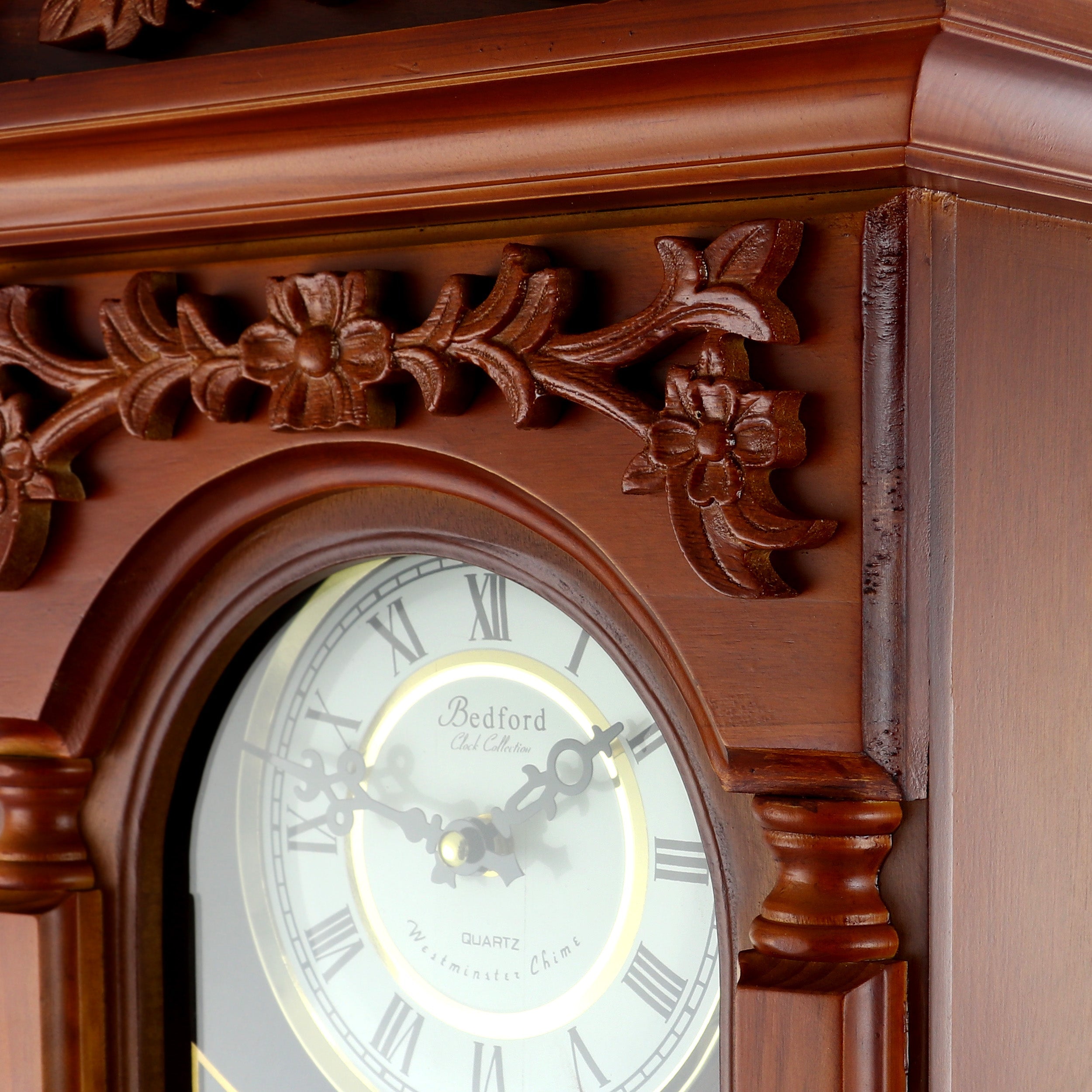 Bedford Clock Collection 27.5" Antique Chiming Wall Clock with Roman Numerals in a Padauk Oak Finish