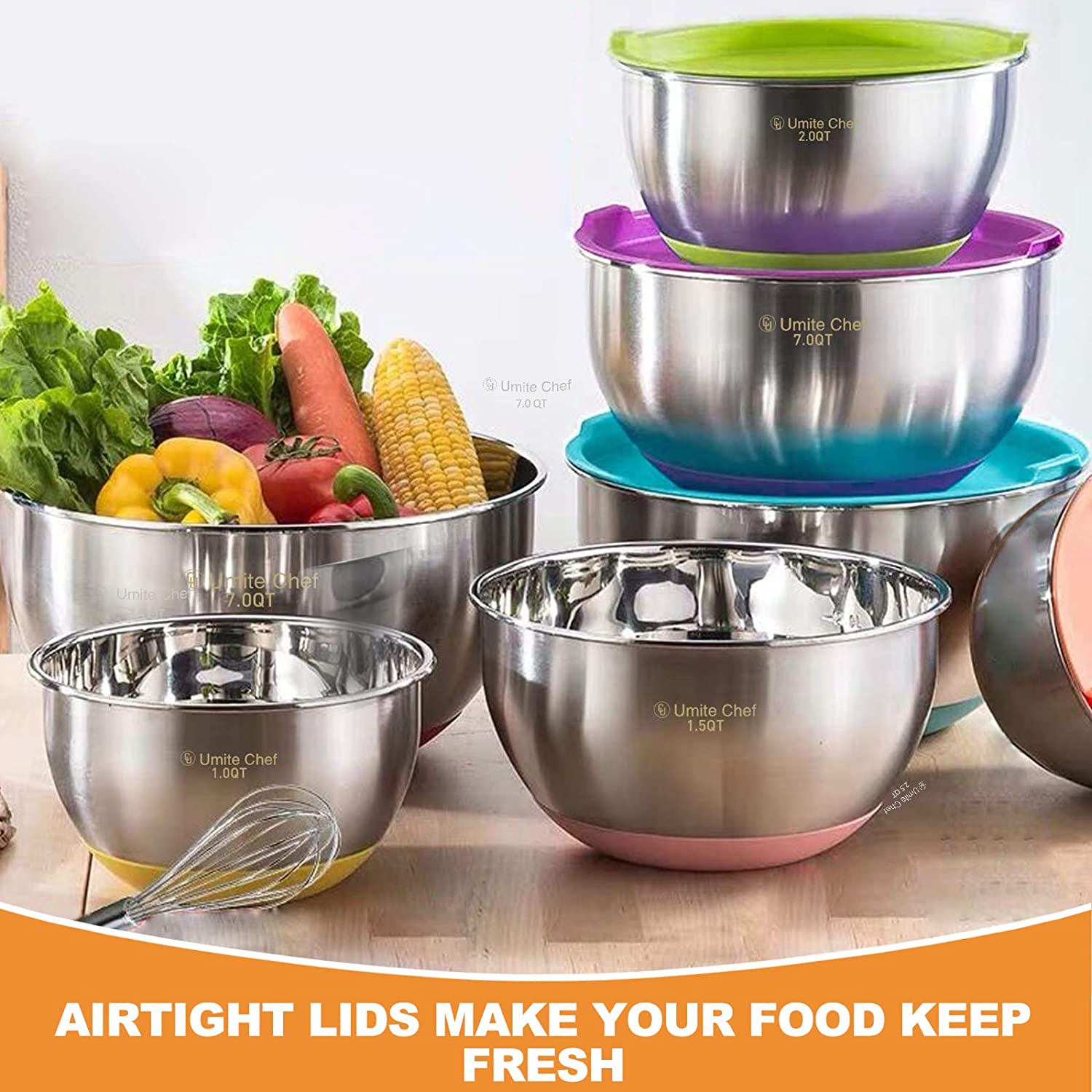 Chef Mixing Bowls with Airtight Lids 6 Piece Stainless Steel Metal Bowls, Measurement Marks & Colorful Non