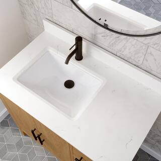 ART BATHE Vienna 36 in. W x 22 in. D Bath Vanity in White Oak Diamond Quartz Top with White Sink Power Bar and Drawer Organizer VA36WO