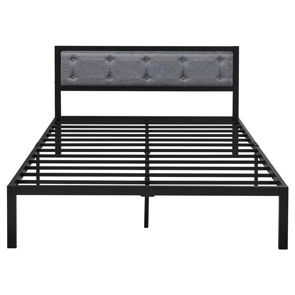 Easyfashion Button Tufted Gray Upholstered Headboard Black Metal Queen Bed