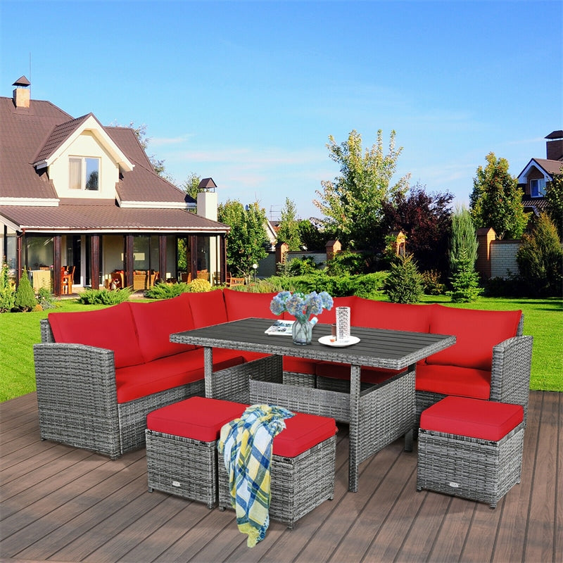 7 Pcs Rattan Patio Dining Furniture Sectional Sofa Set with Dining Table, Ottomans & Cushions