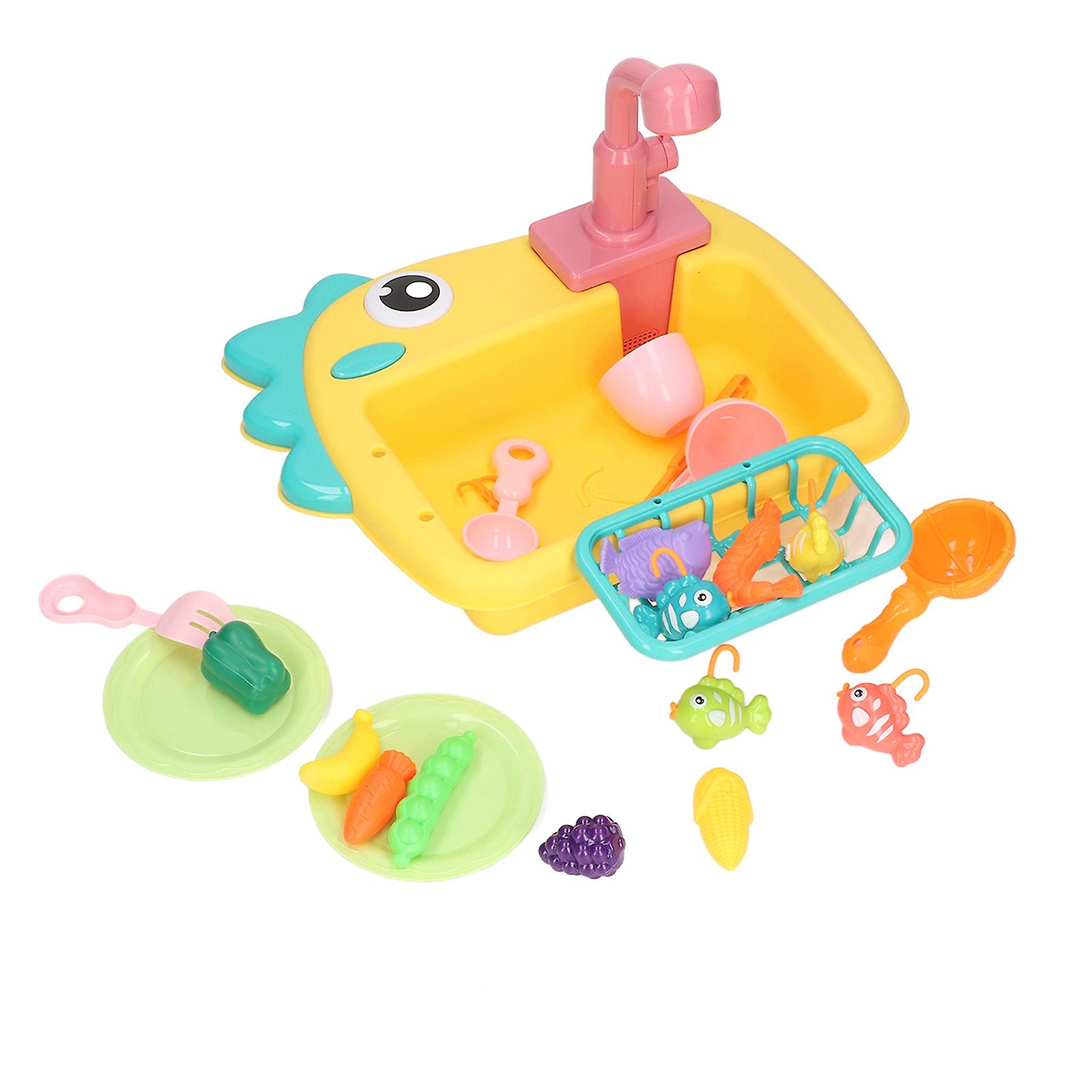2 in 1 Play Kitchen Sink Toys with Running Water Automatic Faucets Pretend Dinosaur Fishing Toys Yellow