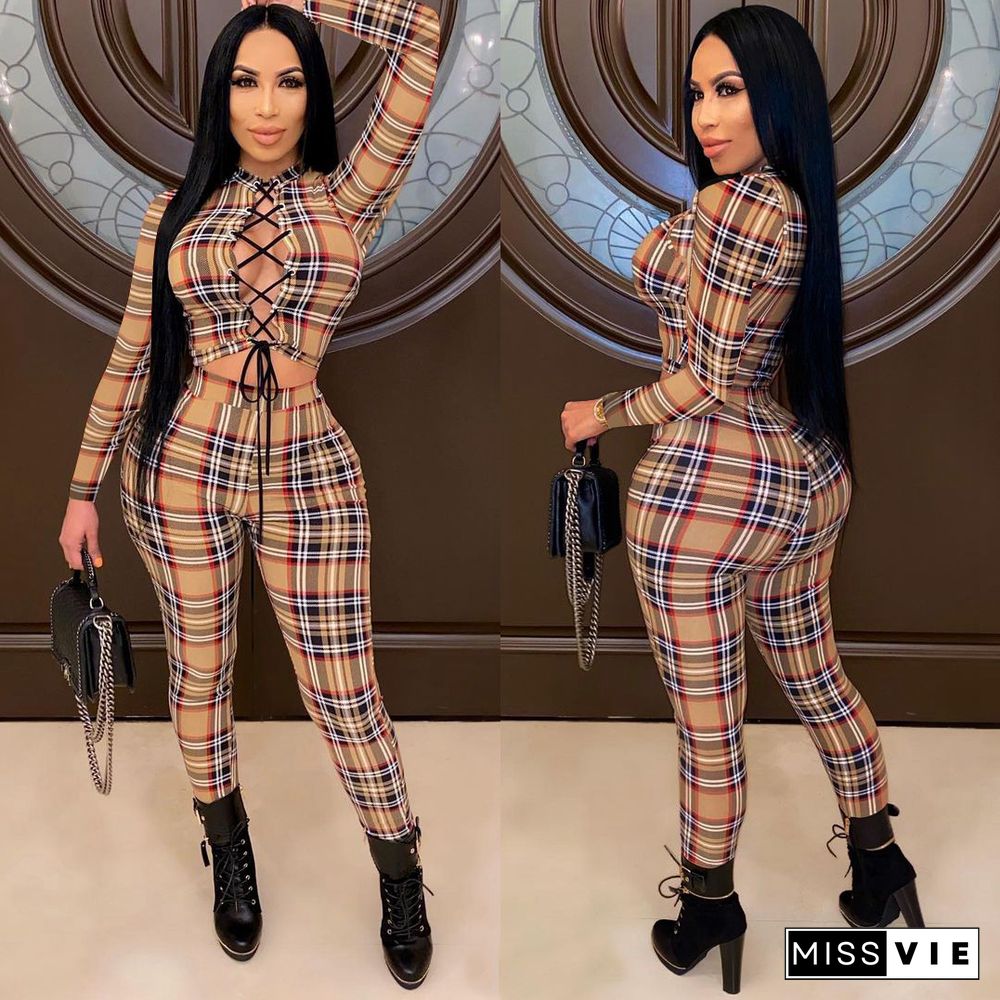 Autumn New Women Plaid Print Bandage Long Sleeve Sexy Crop Top Streetwear 2 Piece Pants Set