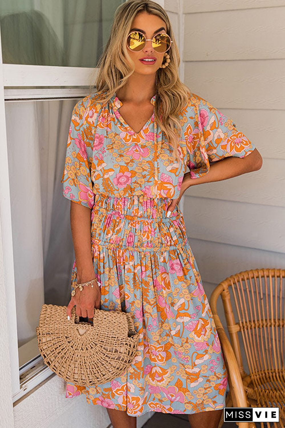 Boho Wide Sleeve Smocked Waist Floral Dress