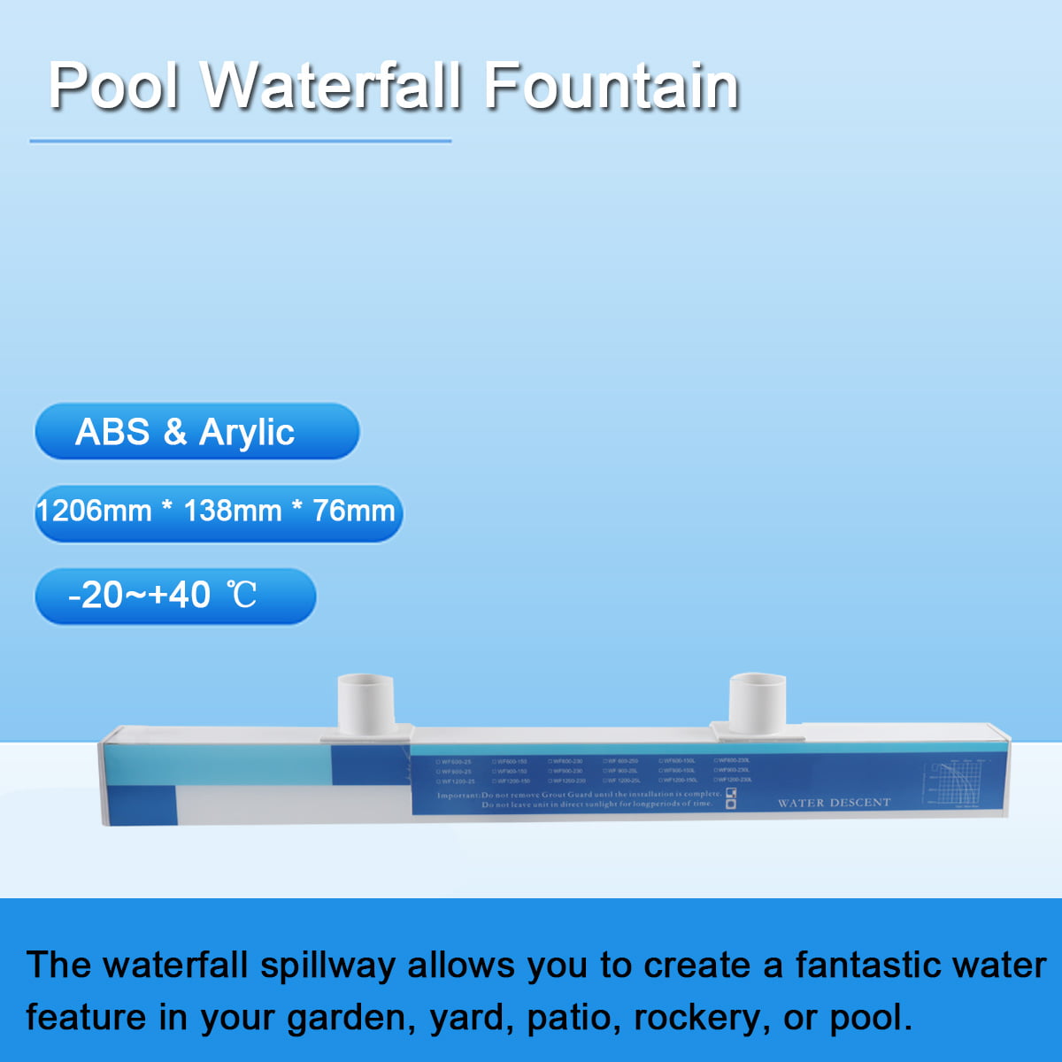 SUDEG 47.5 x 5.4 x 3 inch Artificial Pool Fountain Acrylic Rectangular Pool Waterfall Spillway for Garden， Yard and Pond