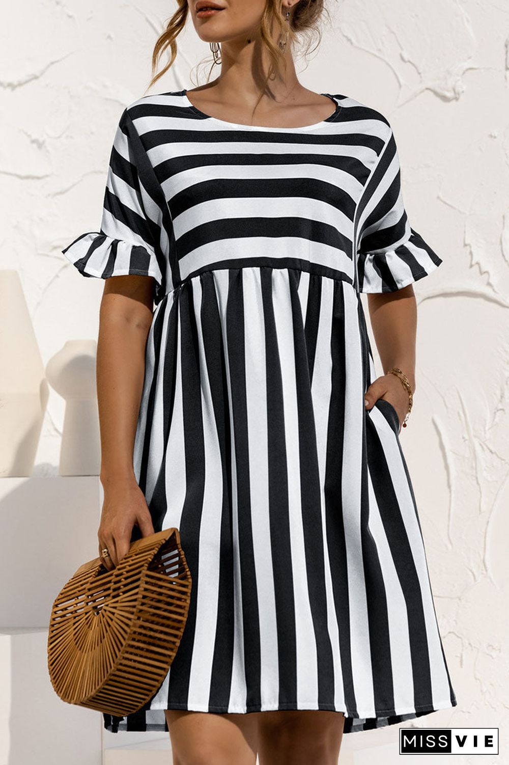 Fashion Casual Striped Split Joint O Neck A Line Dresses