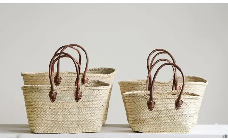 10 Inch Hand Woven Tan Moroccan Basket with Leather Handles