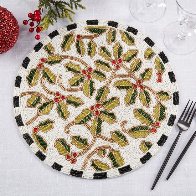 Saro Lifestyle Elegant Beaded Holly Leaves Placemat set Of 4 15 quot Multicolored