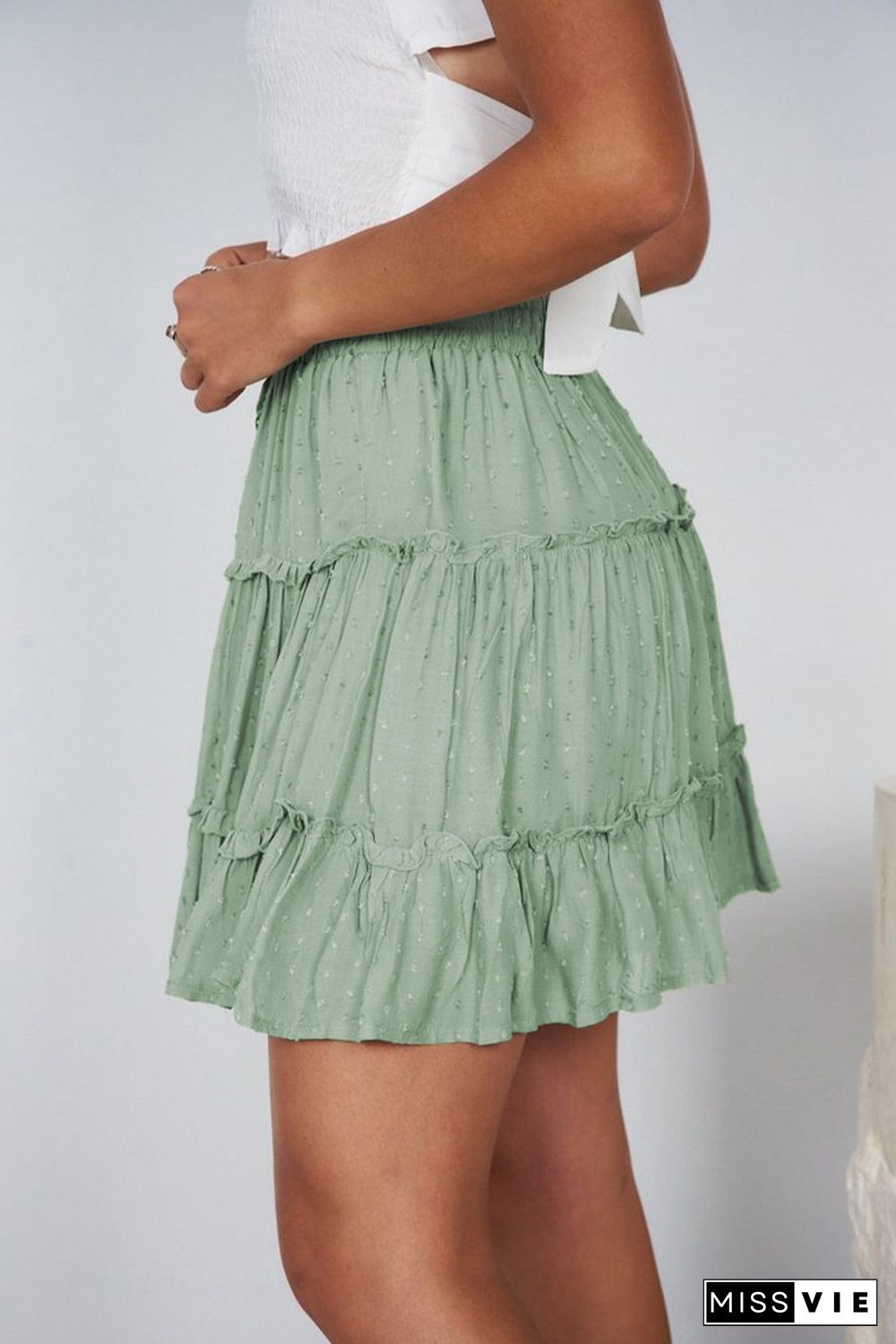 Smocked Waist Swiss Dot Frilled Tiered Mini Skirt