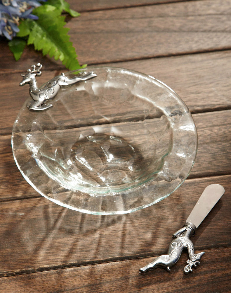 Serveware， Glass Dancing Reindeer Clear Glass Dip Bowl and Antique Gold Spreader/Handles