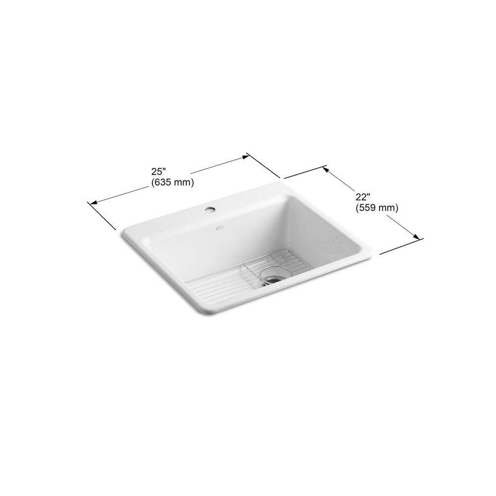 KOHLER Riverby Drop-In Cast Iron 25 in. 1-Hole Single Bowl Kitchen Sink in White with Basin Rack K-5872-1A1-0