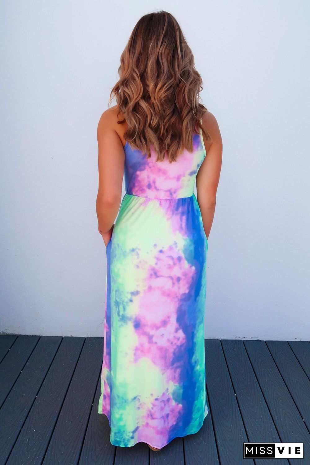 Tie Dye Round Neck Maxi Dress With Pocket